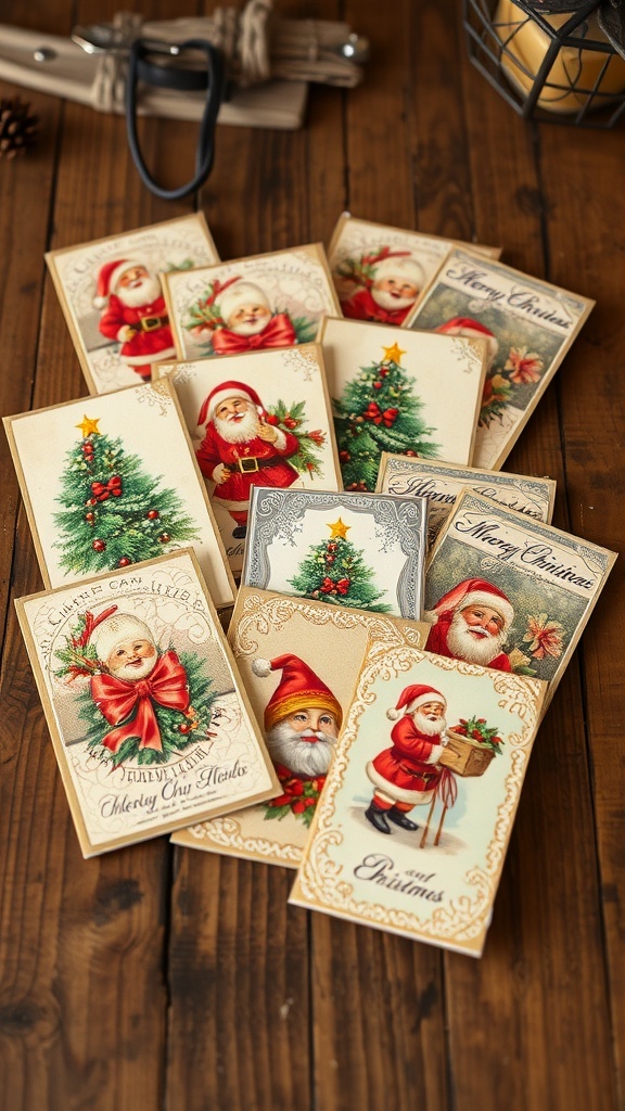 Vintage Christmas Card Ideas A variety of vintage Christmas cards with nostalgic designs on a rustic table.